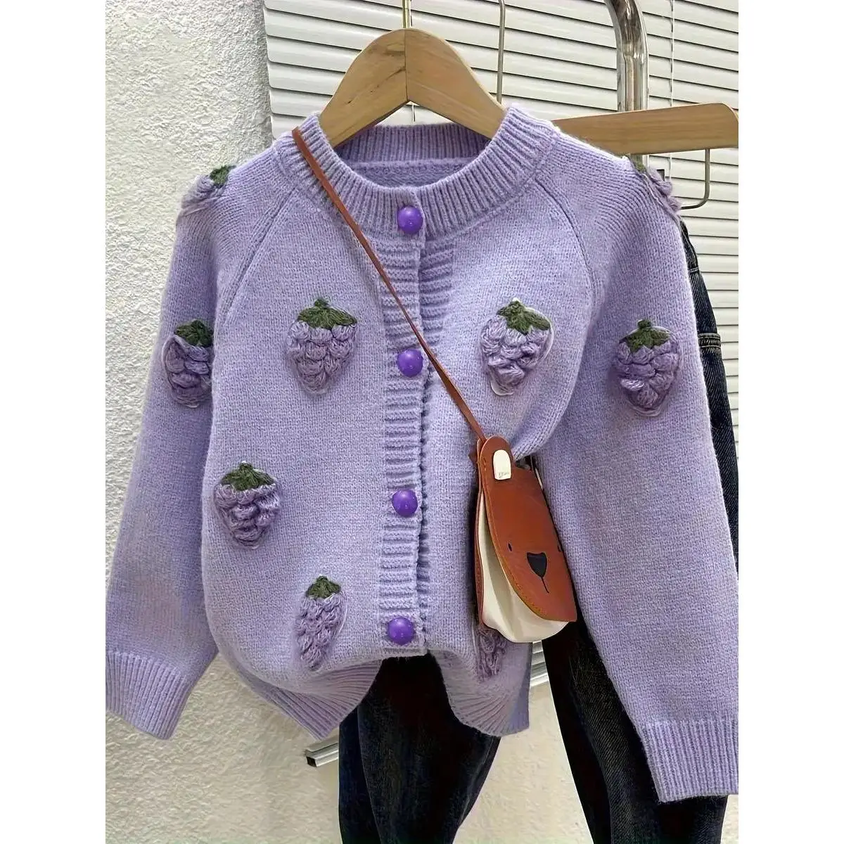 Girls' Knit Cardigan Sweater with Handmade Grape Design, Cute Button-Front Outerwear for Spring & Fall, Sizes 3-8Y, 110(4-5Y), Fitted, Little Girls