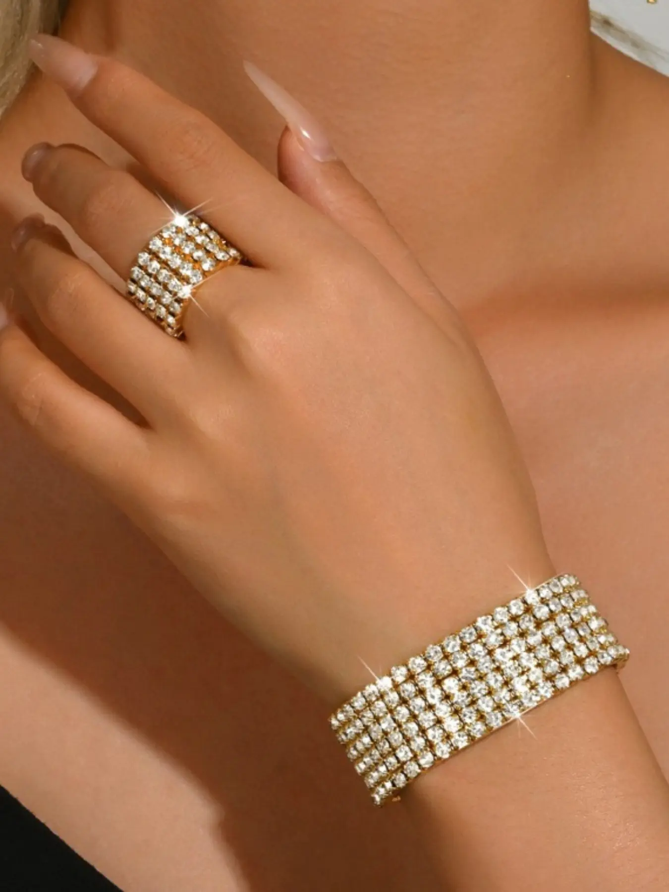 Luxurious Rhinestone Stretch Bracelet Ring Set, Iron Jewelry, Adjustable Design, Party Dance Atmosphere, Women's Accessories, Jewelry Sets
