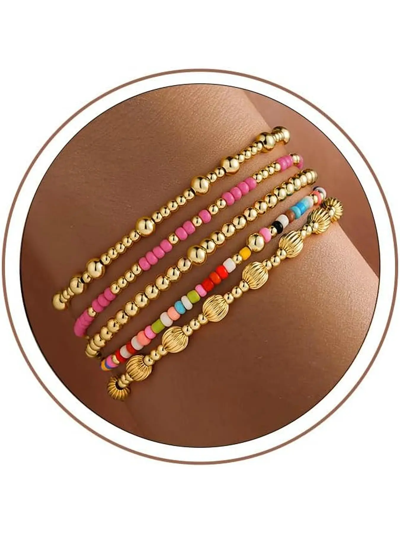 Sets of 5 Golden Beaded Bracelets for Women, Stackable Colorful Round Beaded Bracelet, Gold/ Cross Bead, Pearl Bracelets Set