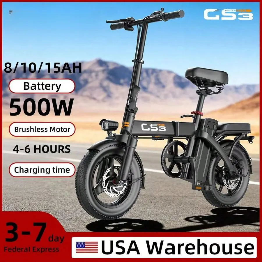 GS3 Ebike 14" Tires E-City Bike Electric Bicycle For Adults 48V 15AH 500W Motor Thick Tire Electric Bicycle, Top Speed Of 20mph, Range Of 20 Miles, All Terrain Electric Bicycle