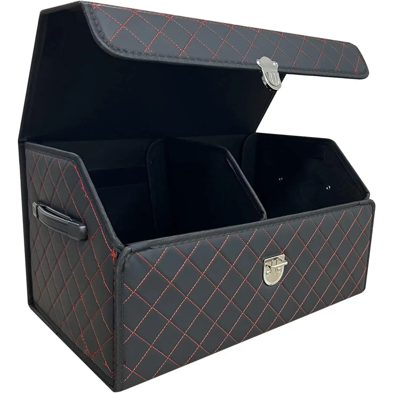 Small Leather Car Trunk Organizer with Foldable Lid, Multi-Functional Storage Box for SUVs & Sedans, Organizes Space, Black Red Grid, Small Size