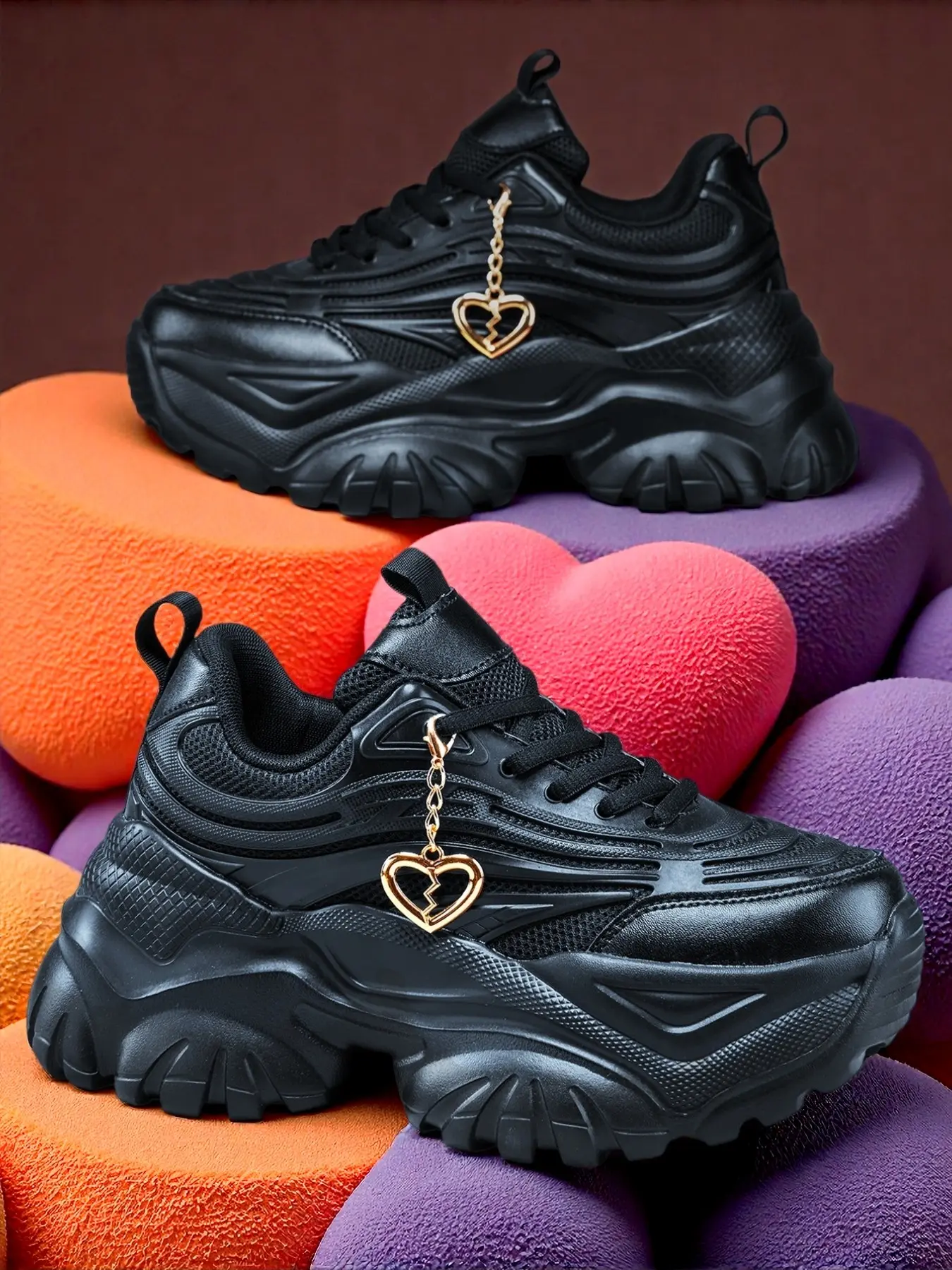 Women's Thick Sole 7cm Eva Casual Shoes, Detachable Gold Heart Charm, Sweet Cool Style, All Season Outdoor Versatile Dad Shoes