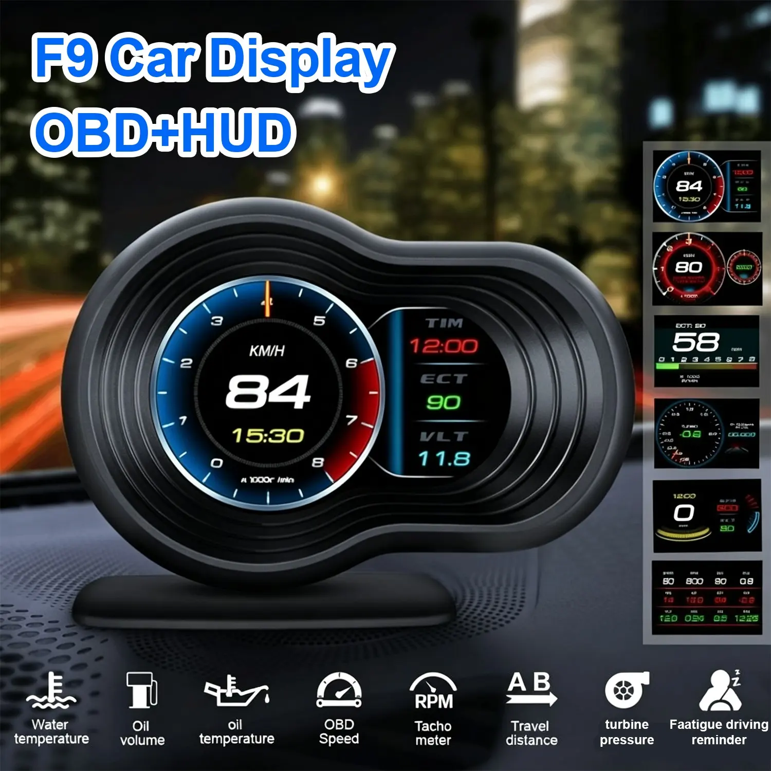 F9 Obdii+GPS Car Hud Display, Digital Speedometer, Shows Speed, Water Temp, Voltage, Fuel Consumption, Mileage, Over-Speed Alarm Function
