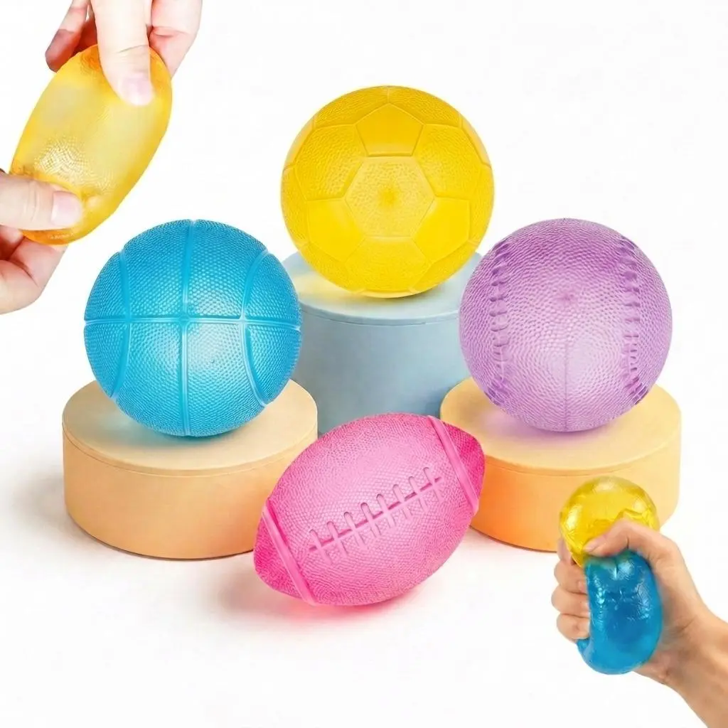 4-Pack Unisex Slow-Rise Malt-Sugar Squeezable Squishy Sports Set - TPR Shell Stress Relief Fidget Toys (Football,Basketball,Baseball,Rugby) for Neurodivergent Kids' Sensory Support, Classroom Party Favors