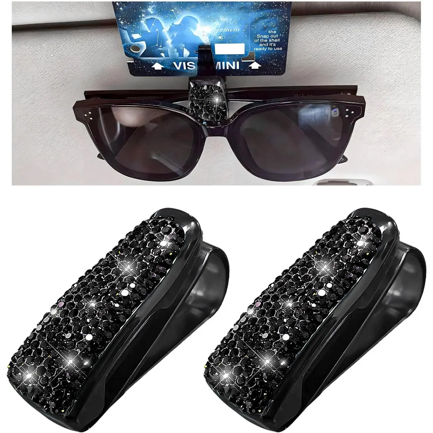 2 count Bling Sunglasses Holder for  Sun Visor,  Rhinestones Eyeglasses Hanger Mount with Ticket Card Clip,   Visor Decor Accessories for Women (Black)