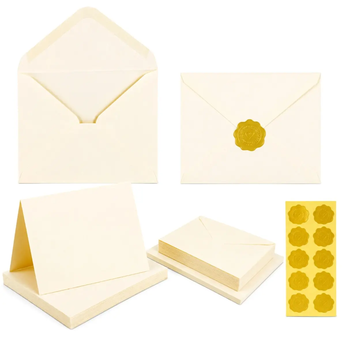 A6 Blank Folded Thank You Cards with Envelopes and Sealing Stickers, Cream Note Card Set for Wedding Invitations, Birthday, Business Correspondence