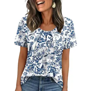 Women T Shirts Pleated Short Sleeve Tops Business Casual Dressy Blouses