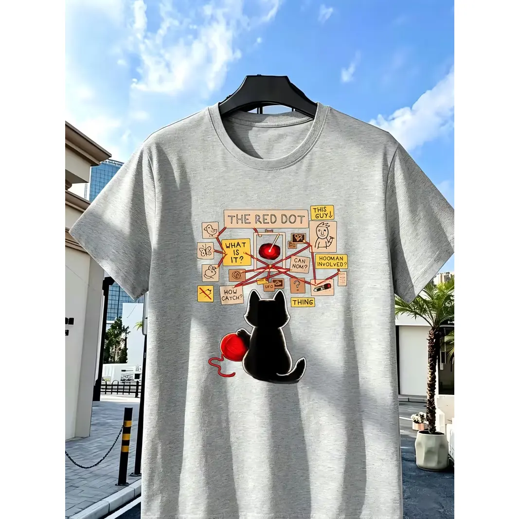 The Red Dot Cat Detective Funny Graphic Oversized Cotton T‑Shirt, Cute Kitten Fashion Comfort Outfit, Best Gift For Cat Lover Him Her Friend Family Holiday Present