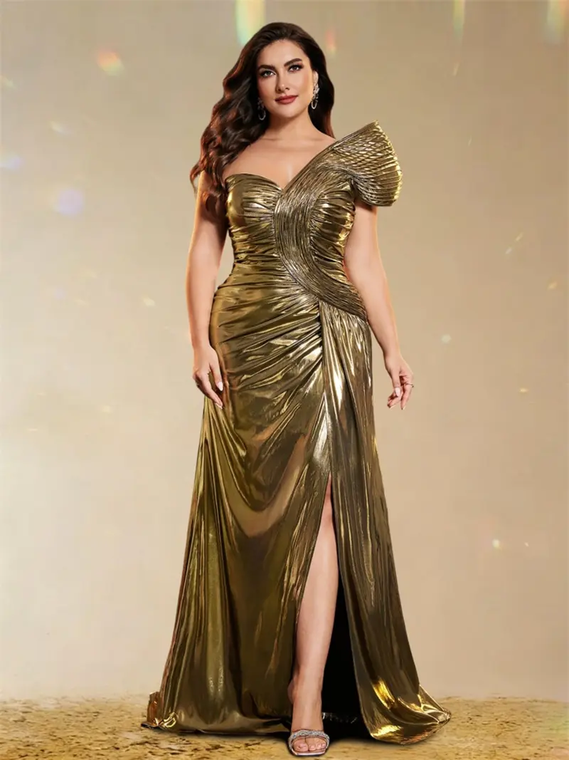 elegant gold dress plus size Plus Size Foil Leaf Short Sleeve Gown With Draped Details In Light Blue Gold
