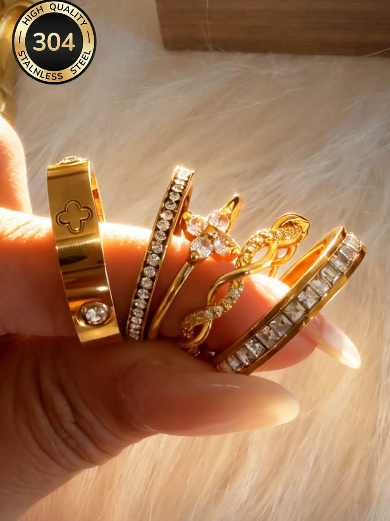 304 Stainless Steel & Copper 18k Gold Plated Stackable Ring Set, Women's 5 Pcs Clover, Diamond, Heart Rings, Low Allergy Jewelry, Mother's Day Gift, Beautiful Rings