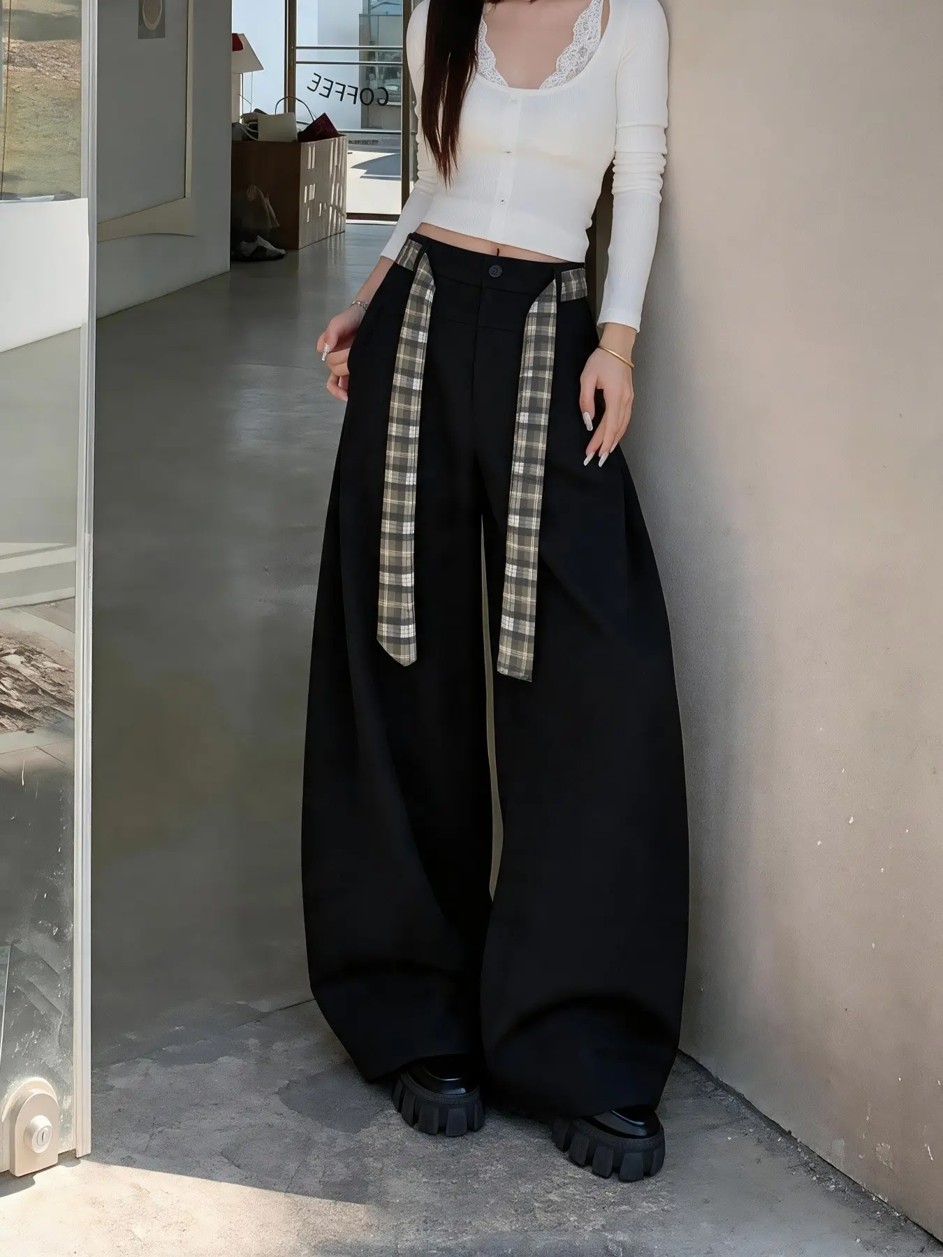 Women's Plaid Ribbon Decor Wide Leg Suit Pants, High Waist Button Zipper, Wrinkle-Resistant Loose Fit, Side Pockets, Street Style