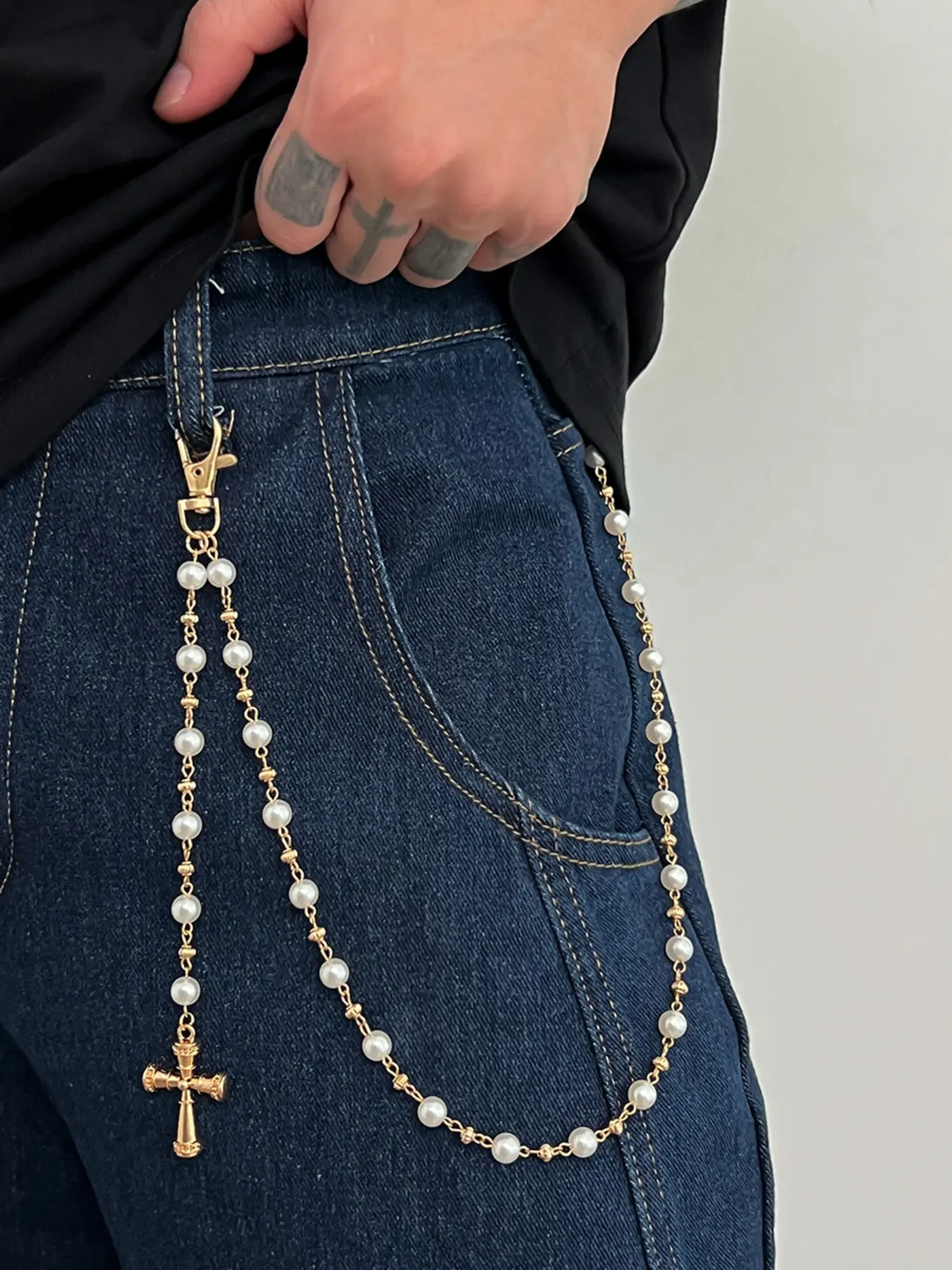 Men's Punk Simple Cross Pants Chain, Hip Hop Faux Pearl Body Chain for Pants Decoration, Daily Party Wear Accessory