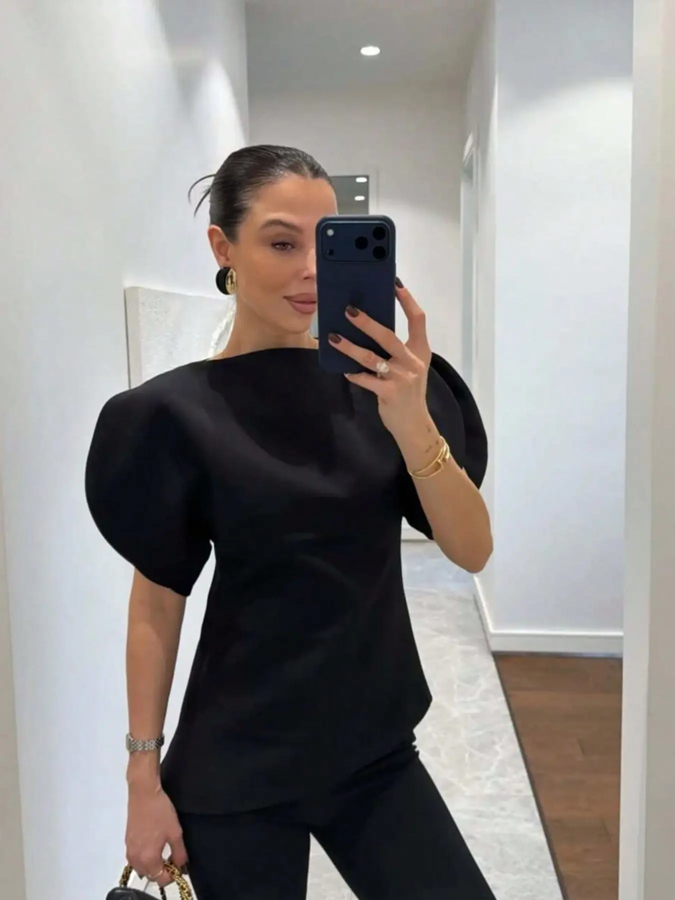 French Style Minimalist Boat Neck Bubble Short Sleeve Shirt, One-Shoulder Waist Cinch, Asymmetrical Hem, Office Wear, Women, Slim Fit Top