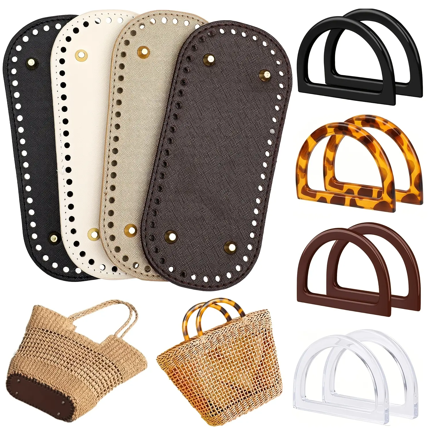 4+8 PCS Bag Bases for Crochet with D Shape Purse Handles for Bag Making PU Leather Purse Bottoms for DIY Crochet Bag Shoulder Bags Purse Making DIY Products Craft Supplies Kit