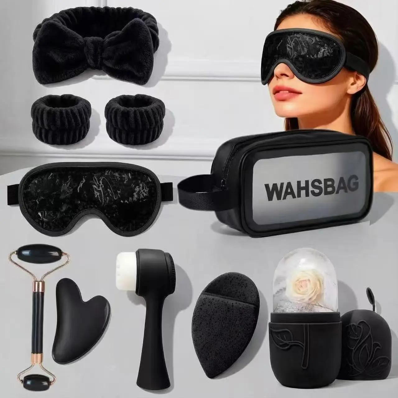 10-Piece Facial Care Kit, Facial Tool Set, Includes Face Wash Headband, Ice Cube Tray, Massage Roller, Gua Sha Board, Makeup Bag, Portable, Gift Idea