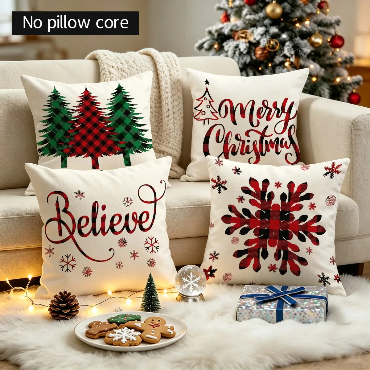 4Pcs Christmas Pillow Covers 18x18 Inch, Faux Linen Buffalo Plaid Christmas Tree and Snowflake Throw Pillow Covers, Merry Christmas Pillow Cases for Sofa, Living Room, Dining Room, Bedroom, Christmas Home Party Decor, Pillow Inserts Not Included