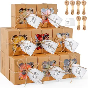 60 Pcs Cookie Boxes with Window,4x4x2.5 Inch Brown Bakery Boxes,Sturdy Pastry Containers Cupcake Box,Kraft Paper Treat Box with Twine Thank You Card Dessert Treat Cookies Pastry Macaroon