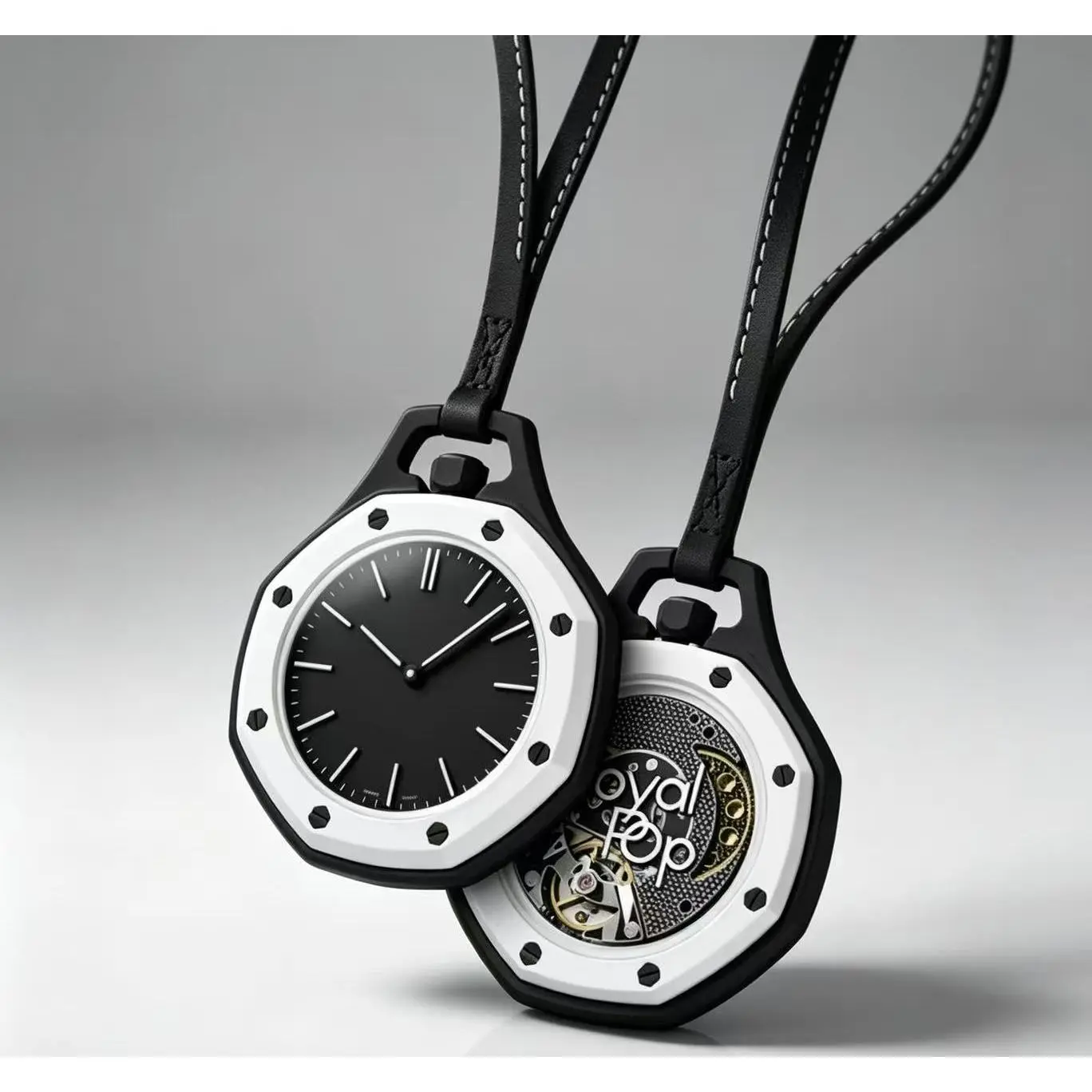 Royal Pop Octagonal Hollow Pocket Watch Fashion Leather Lanyard Necklace Watch Streetwear Accessory