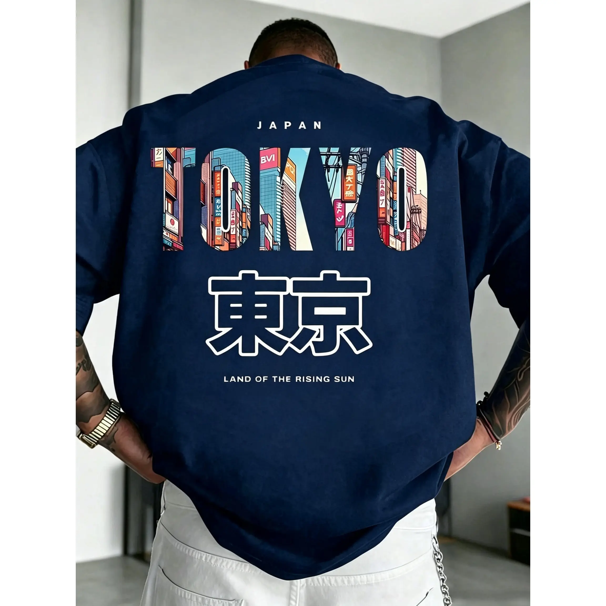 Men's Fashionable Versatile "TOKYO" English Slogan & Tokyo Element Print Short Sleeve T-Shirt,The Rising Sun Graphic Unisex Soft Light Fabric Japanese Urban Streetwear Casual Travel Holiday Gift Tee