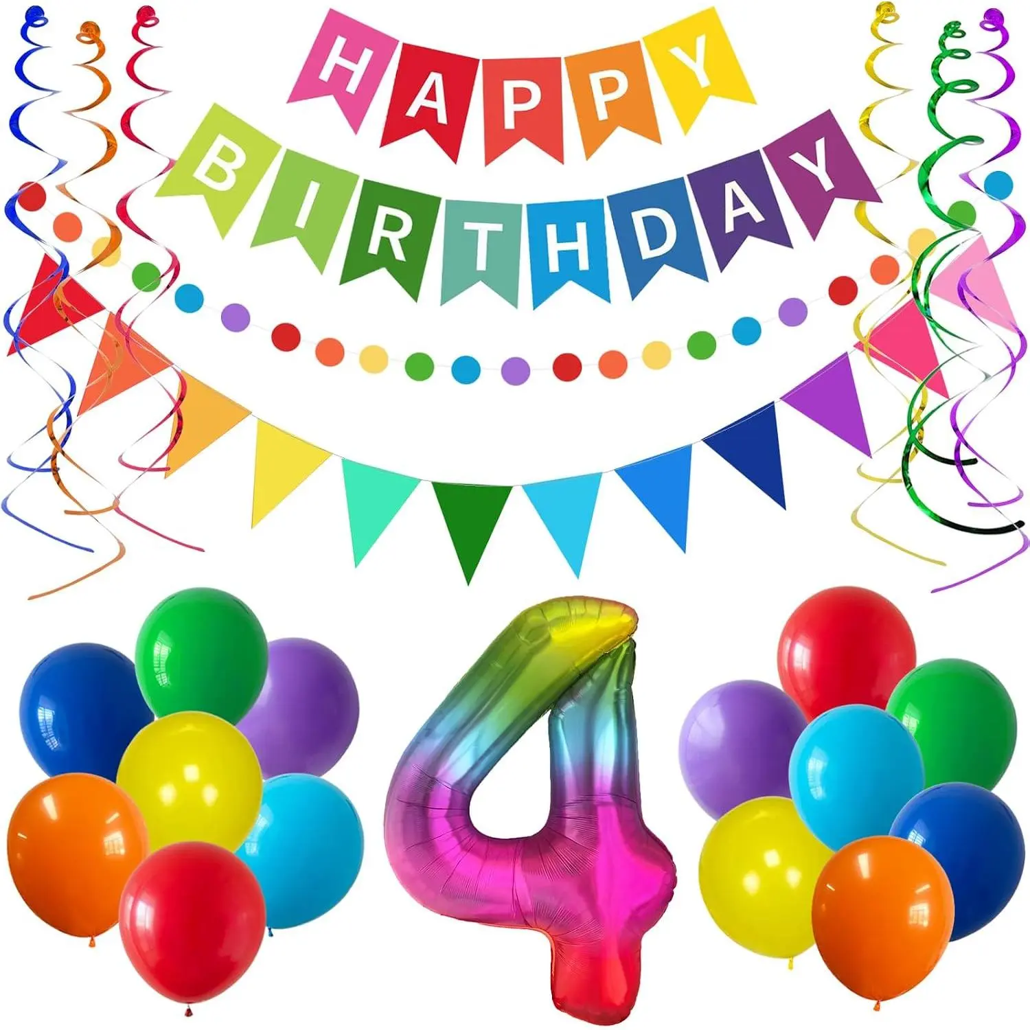 4th Birthday Party Decorations Rainbow Colorful Happy Birthday Banner Four Year Old   Boys Girls Décor Number 4 Balloons Streamer Garland