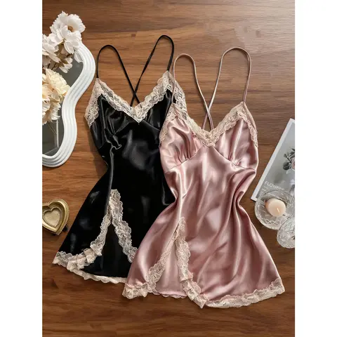 Women's Chic Satin Off-the-Shoulder Babydoll Nightdress - Contrast Lace Trim, Deep V Backless, Lace-Up Split, See-Through Lingerie, Summer Sleepwear-Loungewear, No