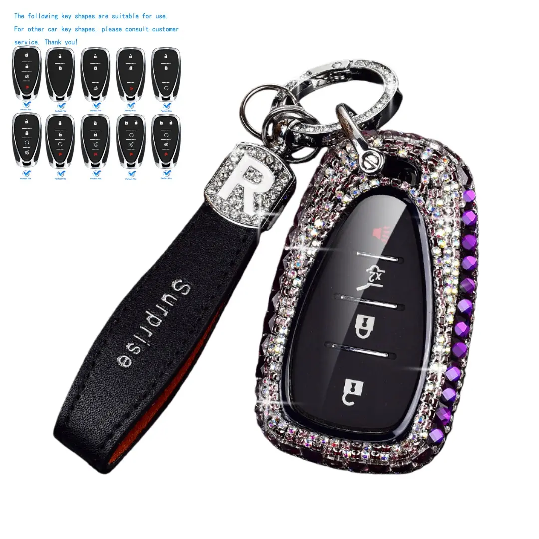 Handmade R-letter diamond-studded leather key case with light luxury glittering diamond hanging cord accessory, suitable for Chevrolet Equinox, Malibu, Camaro, Cruze, Blazer, Traverse, Trax, Spark, Sonic, Volt, Bolt models.