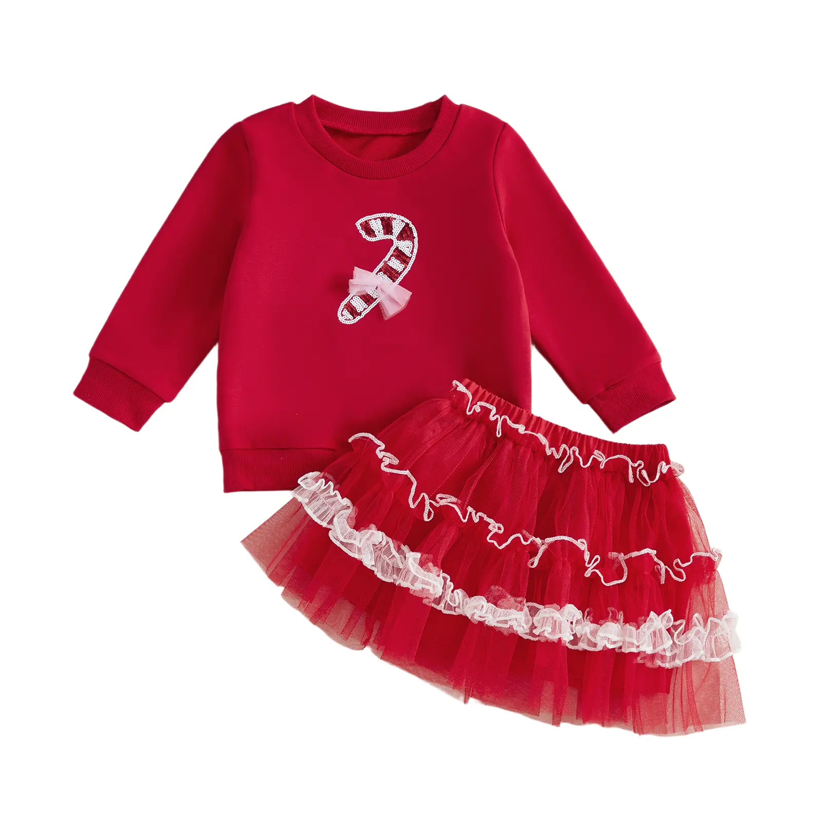 Toddler Girls Outfit Christmas Tree Embroidery Puff Long Sleeve Sweatshirt Pompom Tulle Tutu Skirt Set Winter Clothes