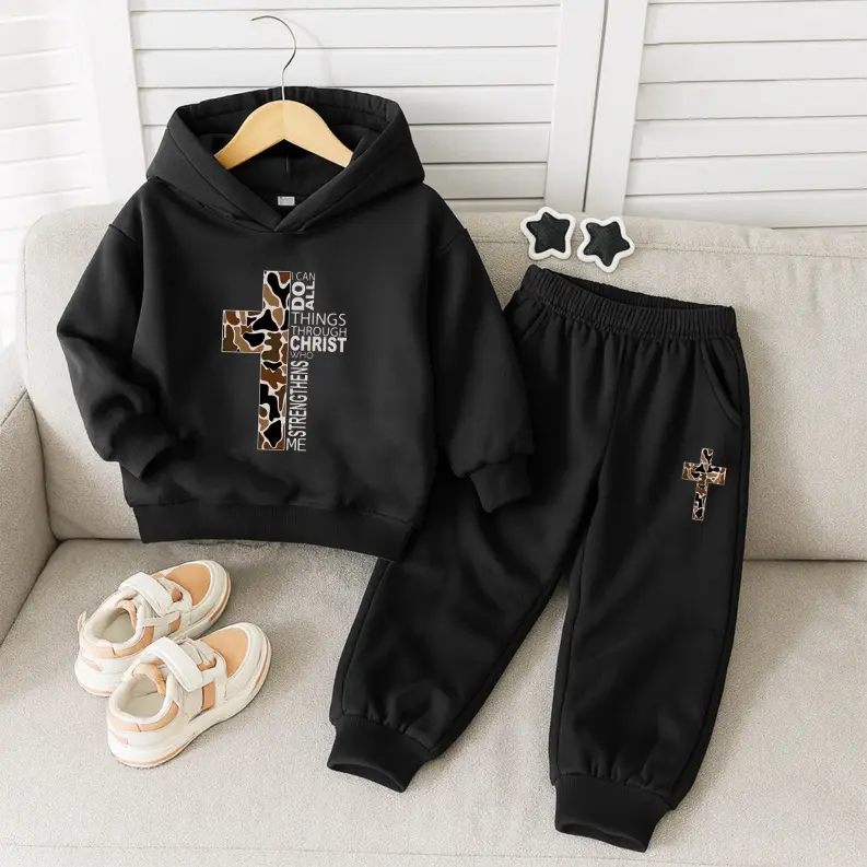 Unisex Christian Camo Cross Philippians 4:13 Print Hoodie Tracksuit Set, Fleece-Lined Sweatshirt & Joggers, Fall & Winter Casual Outfit for Indoor & Outdoor Wear