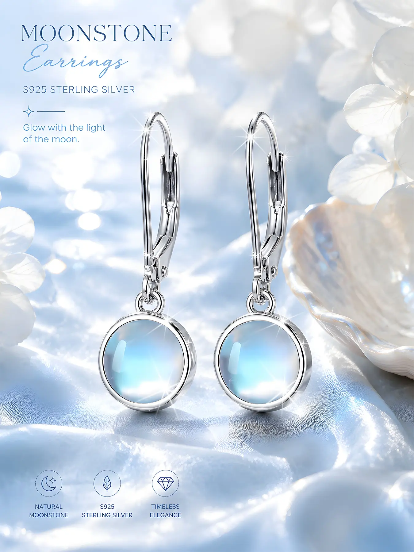 Women's S925 Silver Elegant Round Moonstone Pendant Earrings, Simple Fashion Hypoallergenic Earings, Dainty Earrings for Daily Wear, Perfect Gift, Elegant Minimalist Earrings, Earrings Jewelry