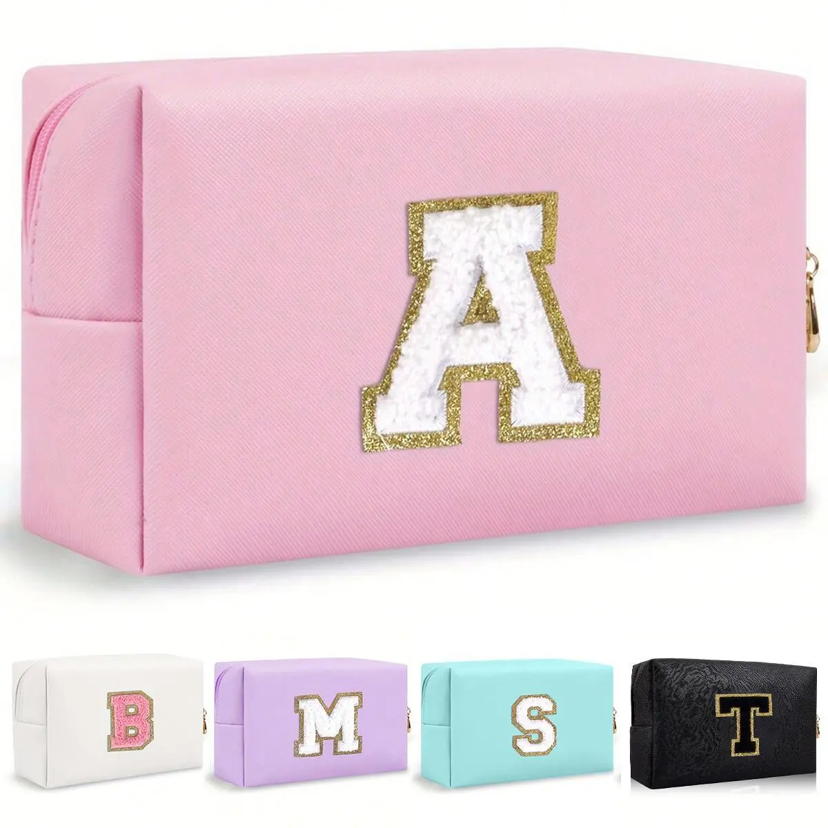 AZMT Women's Octagonal PU Leather Initial Letter Makeup Pouch - Portable Chenille Zipper Toiletry Bag, Monogram Vanity Purse, Travel Cosmetic Bags for Fall Home Use Vintage Floral Organizer storage large capacity pencil case rhode transparent aesthetic