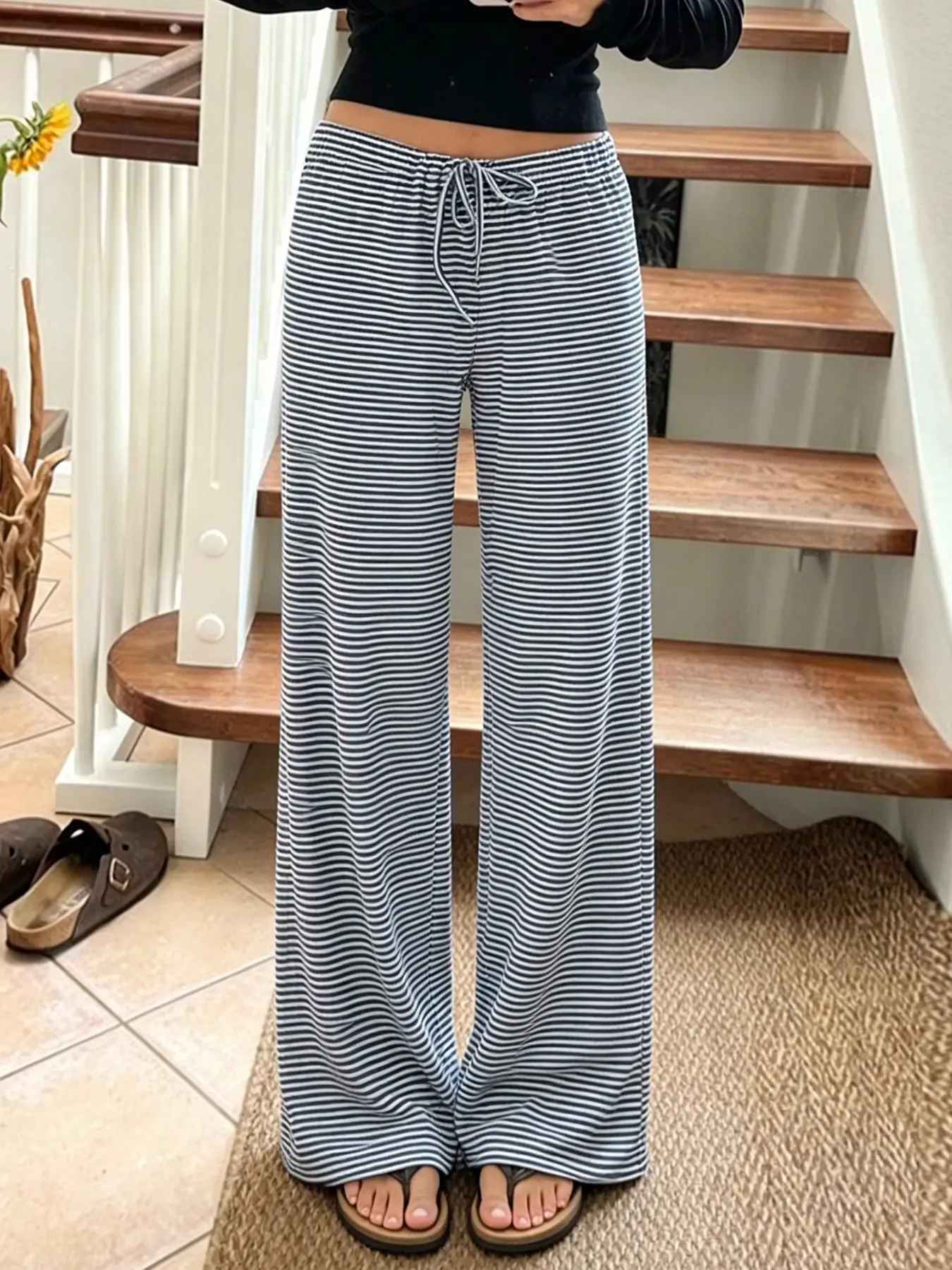 Women's Striped Print Tie Front Loose Wide Leg Pants, Casual Comfy Drop Waist Trousers for Summer, Fashion Women's Bottoms for Daily Wear