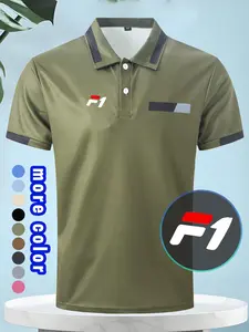 New Men's Casual Polo Shirt, Chest Pouch Design, F1 Print Collar Button Short Sleeve Tee, Comfortable Breathable Fabric, Ideal for Leisure, Vacation, Sports