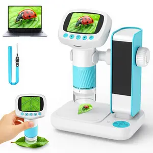 2-in-1 Children's Learning Digital Clock & Electron Microscope, 1000x Magnification, 2-in IPS 1080p HD Screen, 8 LED Illumination, USB-Powered Adapter