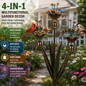 4-IN-1 Metal Calla Lily Garden Stake, Bird Feeder & Bird Bath & Wind Chime Decor, Flamed Copper Handmade Yard Art Sculpture, Rain Catcher Outdoor Ornament Gift for Patio Lawn Backyard, Metal Wind Chimes