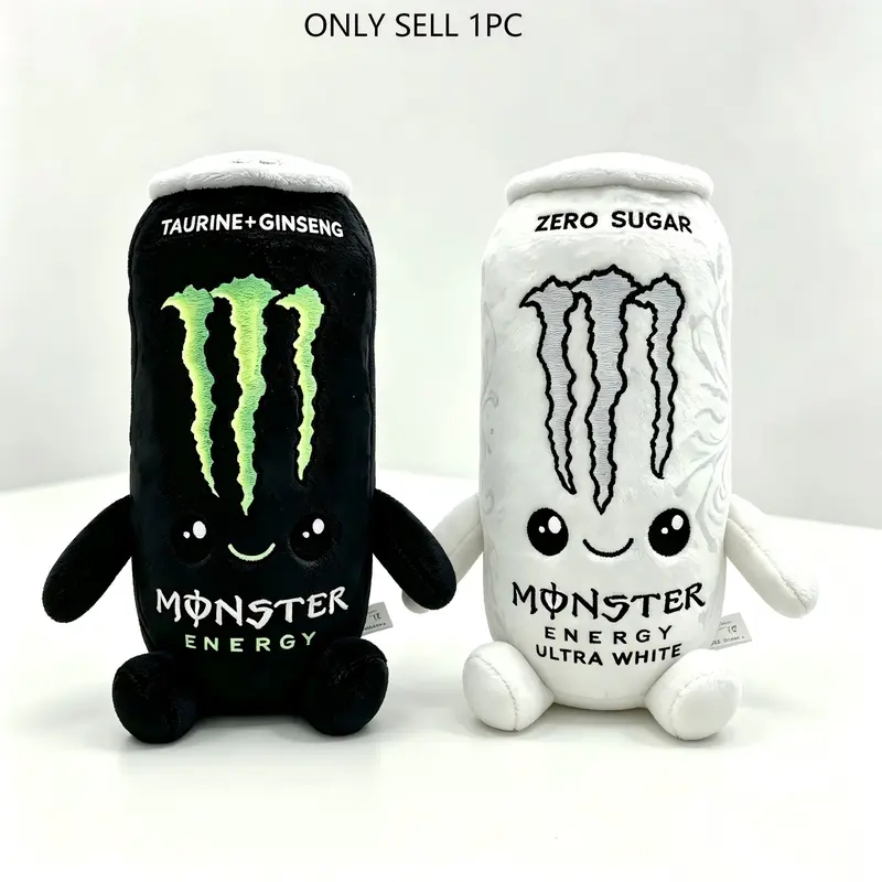 Cute Monster Energy Drink Can Plush Toy, Black & White Monster Energy Ultra White Stuffed Doll, Soft Simulation Beverage Can Plush Figure, Kawaii Collectible Plushies Home Decor Gift for Kids Monster Fans