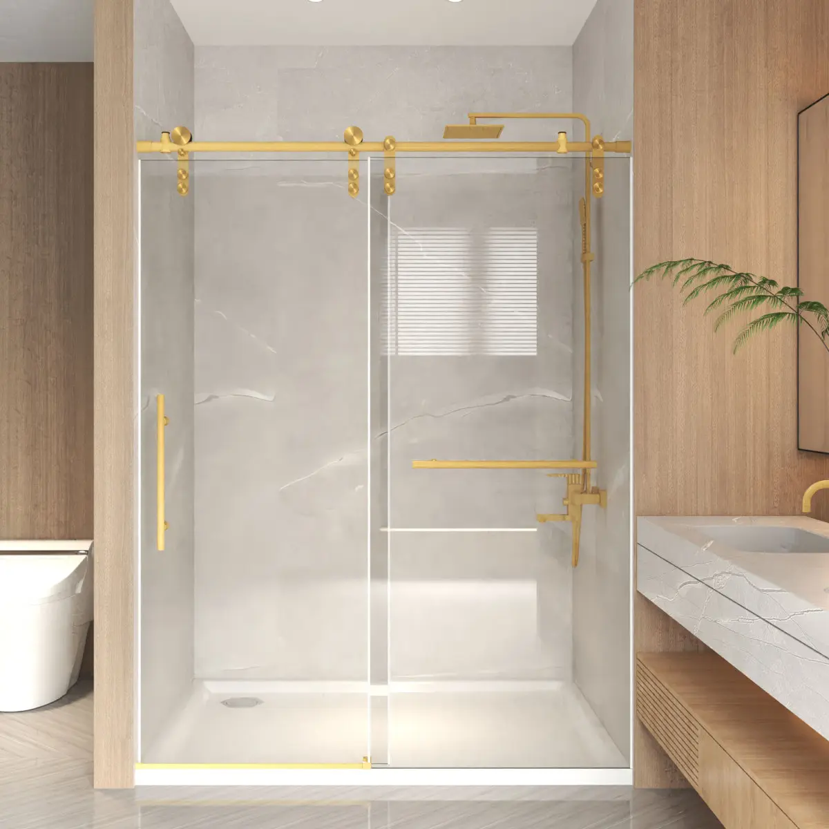 56-60" x 76" H Frameless Sliding Shower Door, 5/16" (8mm) Clear Tempered Glass, Stainless Steel Frame,Brushed Gold