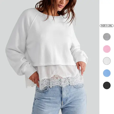 Women’s Lace Hem Layered Sweatshirt – Long Sleeve Crewneck Oversized Casual Pullover Top