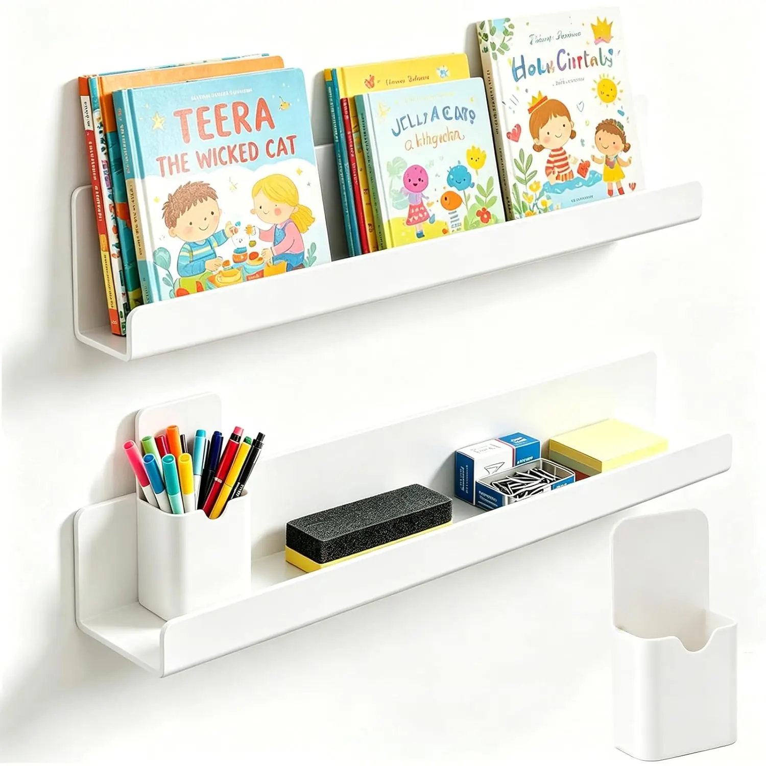 2 Pcs Magnetic Book Shelf for Whiteboard with Pen Holder, 17 Inch Magnetic Book Holder Organization for Classrooms, White Board Accessories, White