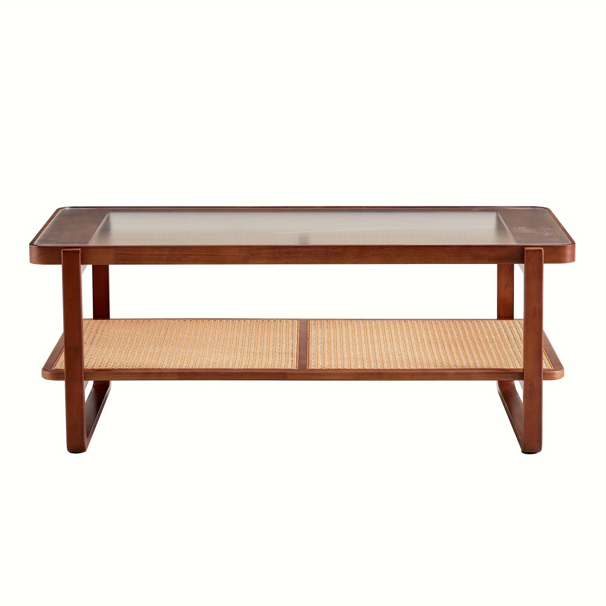 Modern Rectangular Glass Desktop Coffee Table Rattan Woven Edge Coffee Table Living Room