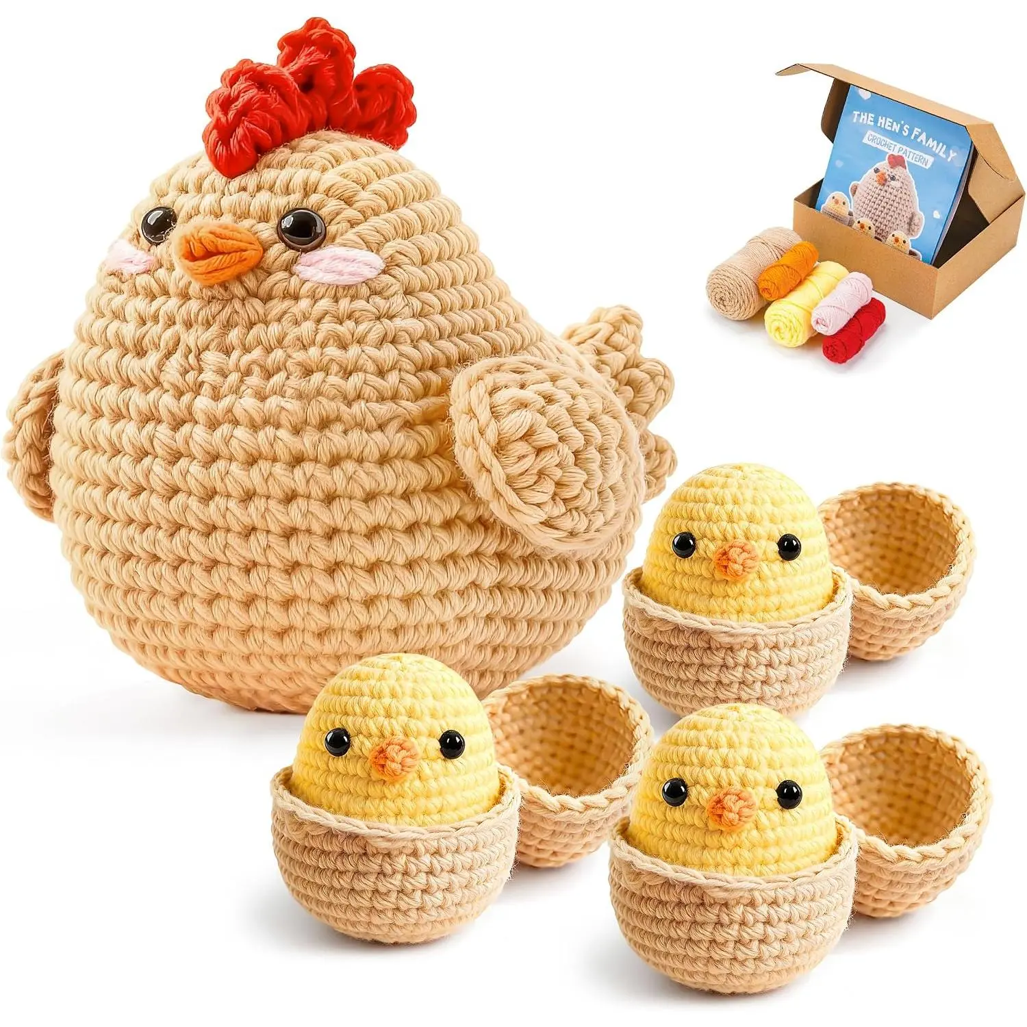 Crochet Kit for Beginners 4 count Chicken Family Amigurumi Crochet Starter Kits with Step-by-Step Video Tutorials DIY Craft  for Adults Kitting Lovers Mother Teacher Student