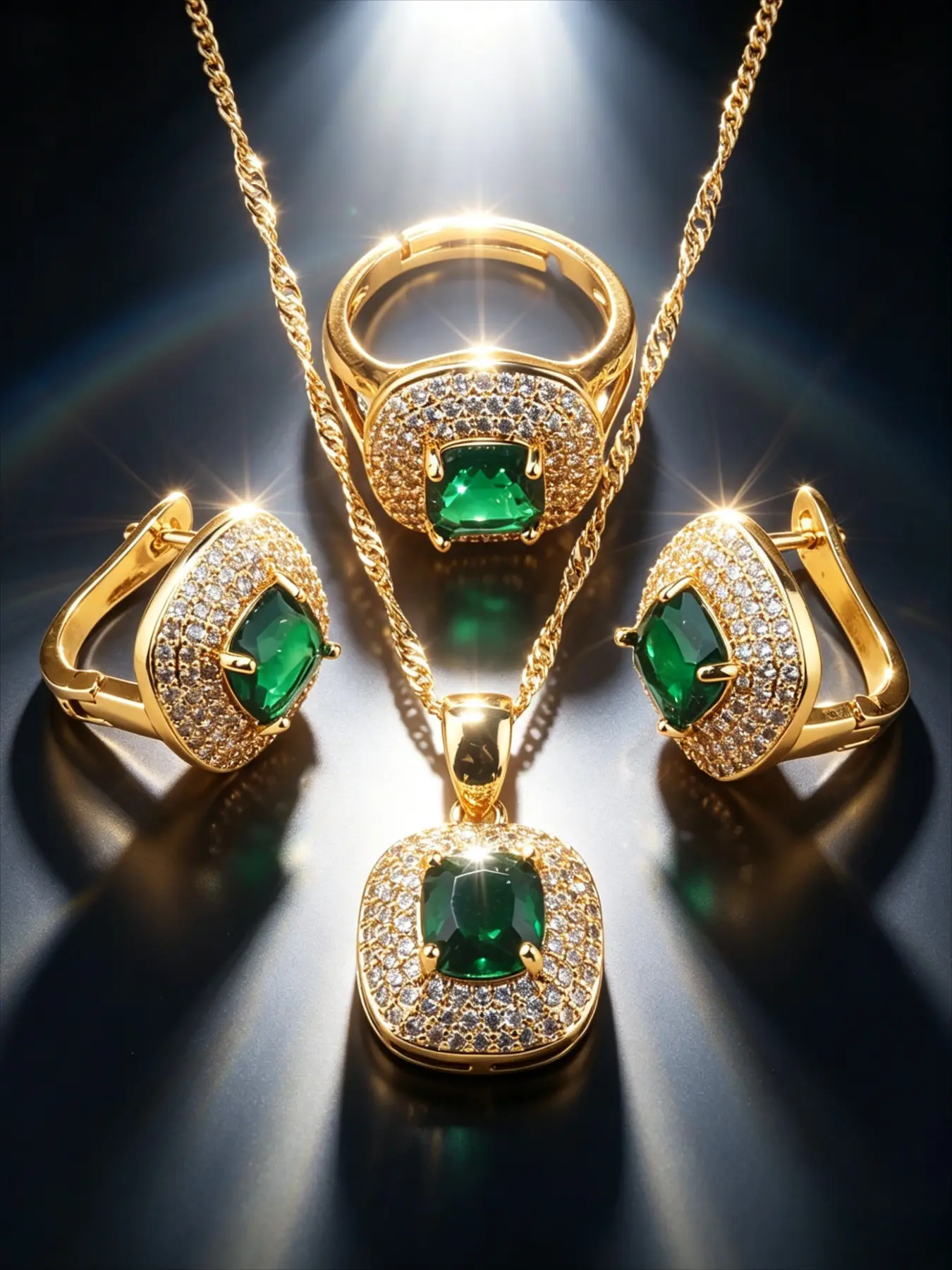 18K Gold Plated Cushion Gemstone 3Pcs Chain Jewellery Gift Set, Micro Pave Halo Necklace Ring Earrings, Hypoallergenic Tarnish Resistant, Ideal Gift for Women Wedding Party Holiday