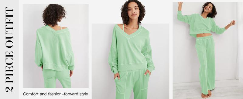 Imily Bela Womens 2 Piece Outfit Lounge Set V Neck Sweatshirt High Waist Pants With Pockets Casual Loose Tracksuits