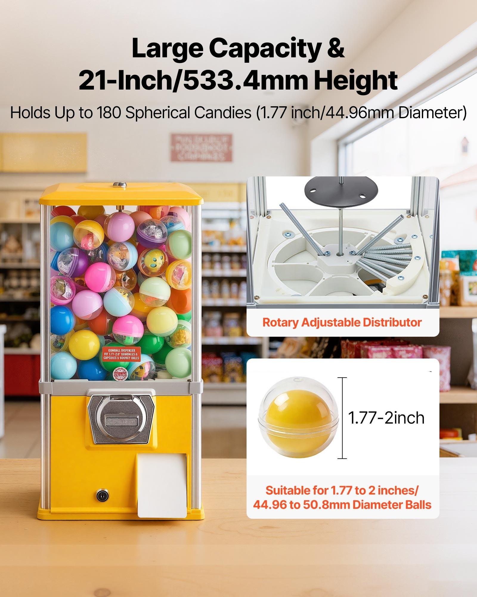 VEVOR Gumball Machine, 21 inch Height Candy Vending Machine Dispenser, 25-Cent Vending Machines for Shopping Malls, Supermarkets, Amusement Parks, Arcades, Holds Up to 180 1.77 inch Spherical Candies