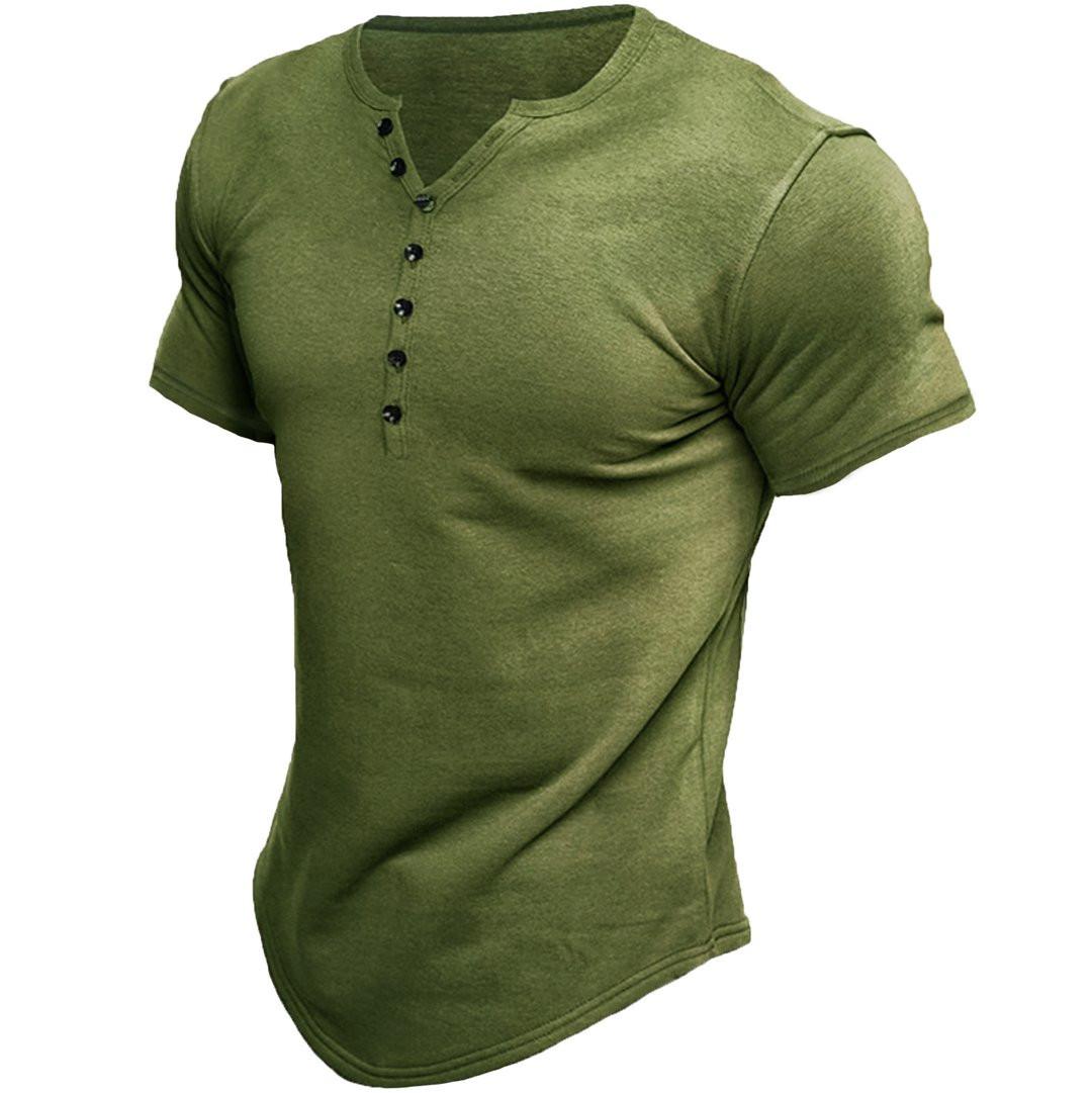 Summer Men's Henley Shirt Short Sleeve Solid Color Button T-Shirt Top