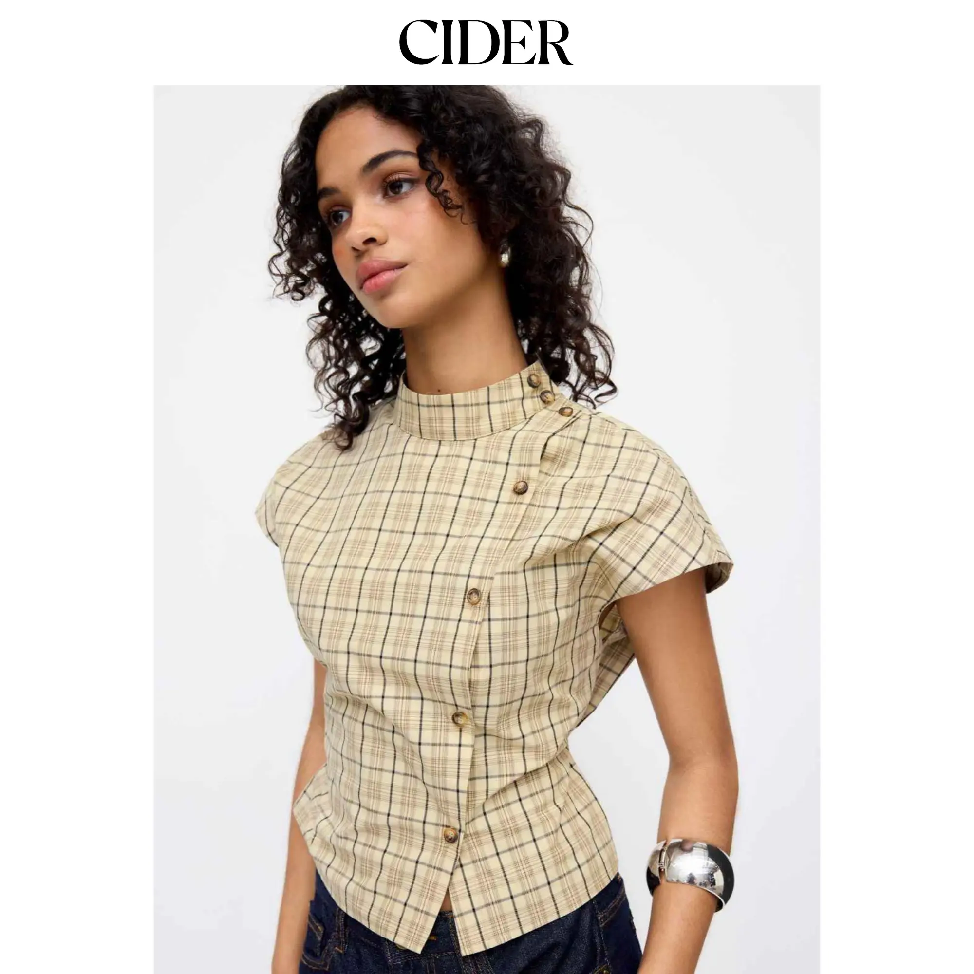 Cider Plaid Stand Collar Tie Back Blouse