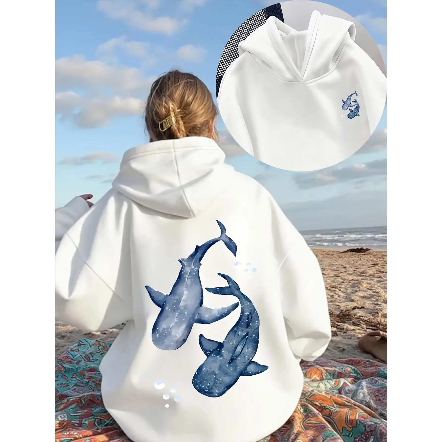 Watercolor Whale Double‑sided Print Hoodie Ocean Aesthetic Sea‑creature Graphic Pullover Sweatshirt Oversized Loose‑fit Pure‑white Long‑sleeve Hooded Top Casual Beach‑style Street‑wear Outerwear