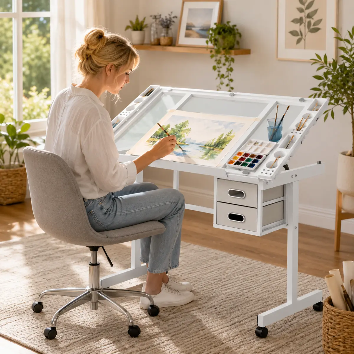 Adjustable Art Drawing Desk Craft Station Drafting   with 2  fabric  Drawers and 4 Wheels (white)