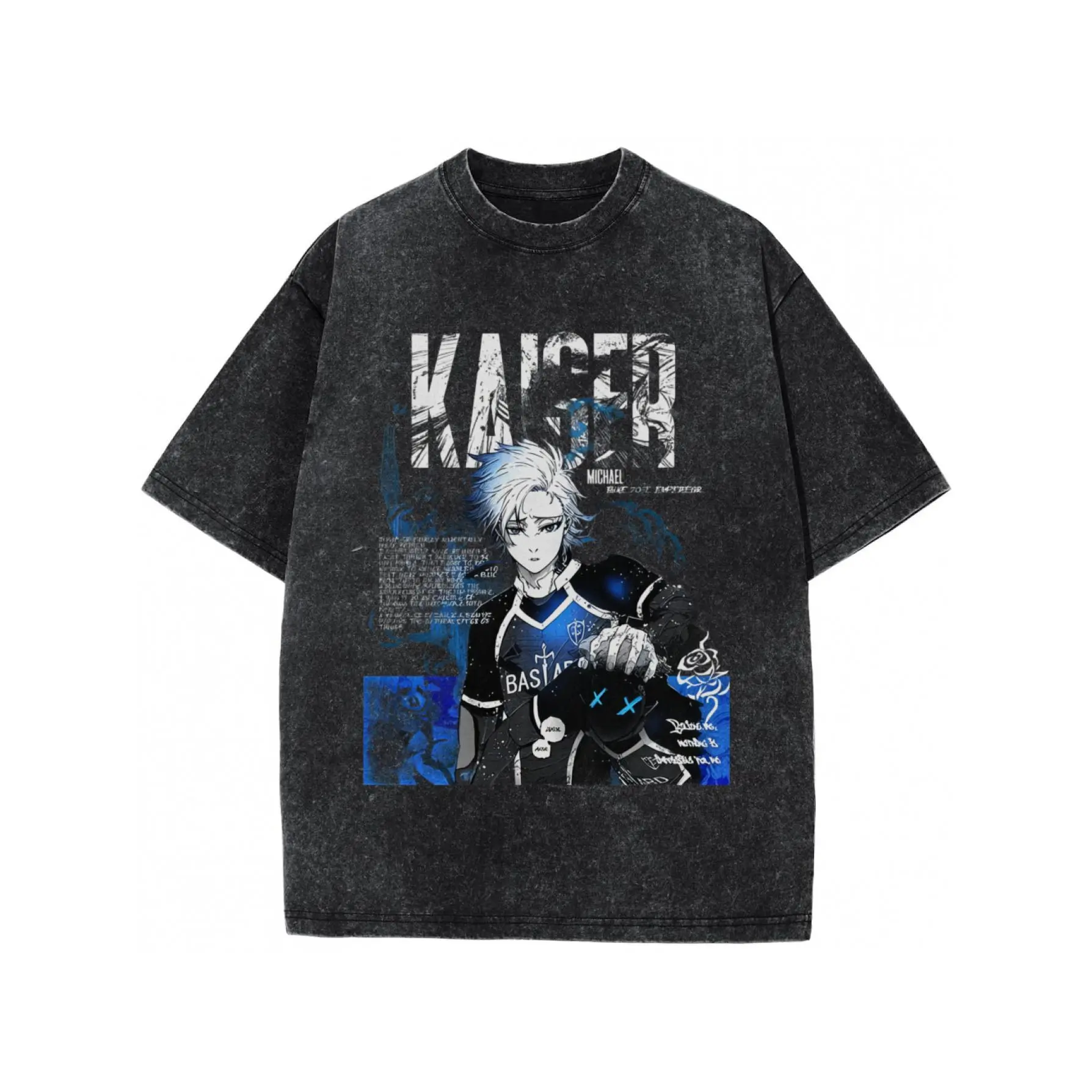 Vintage Distressed Washed T-Shirt Men Michael Kaiser Blue Lock Anime White Hair Striker Blue Monochrome Graffiti Text Bootleg Graphic Oversized Crew Neck Tee For Blue Lock Soccer Anime Fans Daily Street Outfits