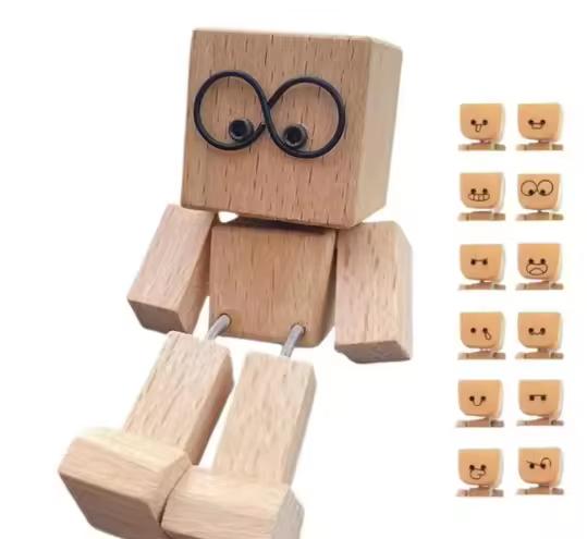 12-Piece Wooden Expression Figurine Set  DIY Leg-Shaking Desk & Car Ornaments  Natural Mini Decorations for Office & Home  Creative Birthday Gift & Art Collectible Kit with Tool & Carbon Brush