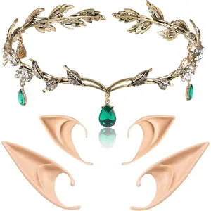 Elf Ears with Crown Set, Soft Fairy Ears and Crystal Crown Headband for Women Halloween Cosplay Costume Party.